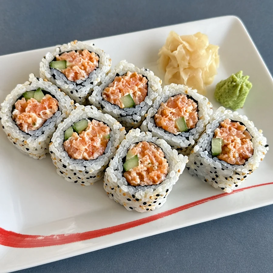 Spicy salmon roll pieces with cucumber and sesame on a white plate with ginger and wasabi at Hana Sushi, Winnipeg