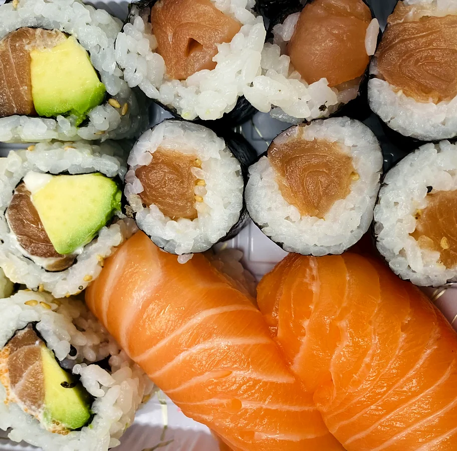 Salmon maki, salmon and avocado rolls and salmon nigiri at Hana Sushi, Winnipeg